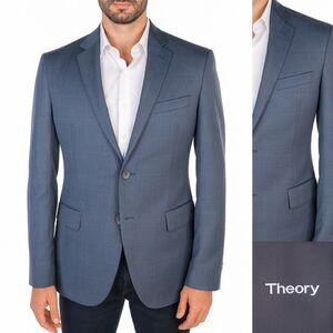 Theory Mens Wool Plaid Blue Sport Coat Jacket Blazer Sz 38R Two Button